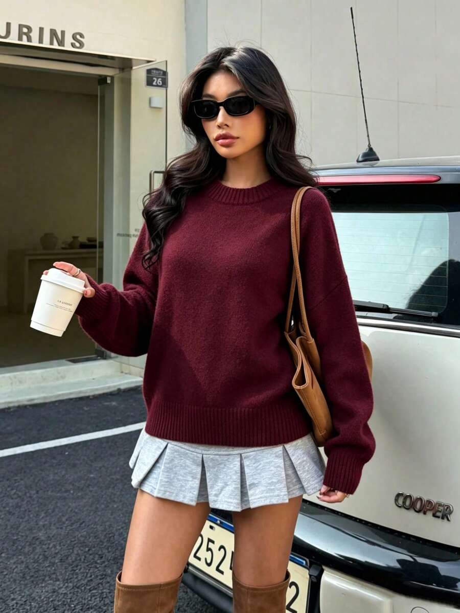 DEEKA Autumn/Winter Women Casual Chic Loose Fit Soft Knit Sweater - Burgundy - View 1