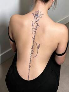 Herbal Juice Semi-Permanent Long Strip Back Spine Tattoo Sticker - Artistic Words & Floral Pattern, 7-12 Days No Fading, DIY Carnival Beach Party Holiday Gift, Arm & Thigh Waterproof Tattoo Sticker, 1pc - Blue - View 5