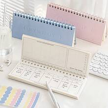 Aesthetic Pastel Desktop Weekly Planner Notebook, 3D Embossed Standing Flip Memo Pad & Habit Tracker, Cute Spiral Twin-Wire Schedule Book For School - Multicolor - View 1