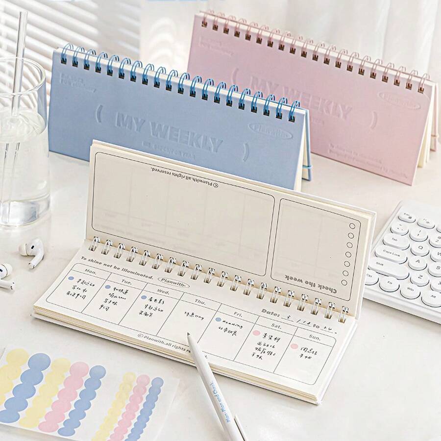 Aesthetic Pastel Desktop Weekly Planner Notebook, 3D Embossed Standing Flip Memo Pad & Habit Tracker, Cute Spiral Twin-Wire Schedule Book For School - Multicolor - View 1