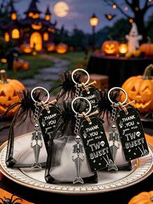 12pcs Halloween Party Gothic Style Skull Pattern Packaging Bags, Halloween Cards, Keychains, Black Gift Bags Funny Gifts, Party Gift Set, Drawstring Small Accessory Packaging Bags, Suitable For Halloween Party Decoration, Theme Party Tabletop Decoration - View 4