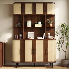 Tall Cabinet, Sideboard With Rattan Front, MDF Body, 8 Doors, Black Handles, Iron Legs, Modern Design Storage Unit - Walnut + Beige - View 1