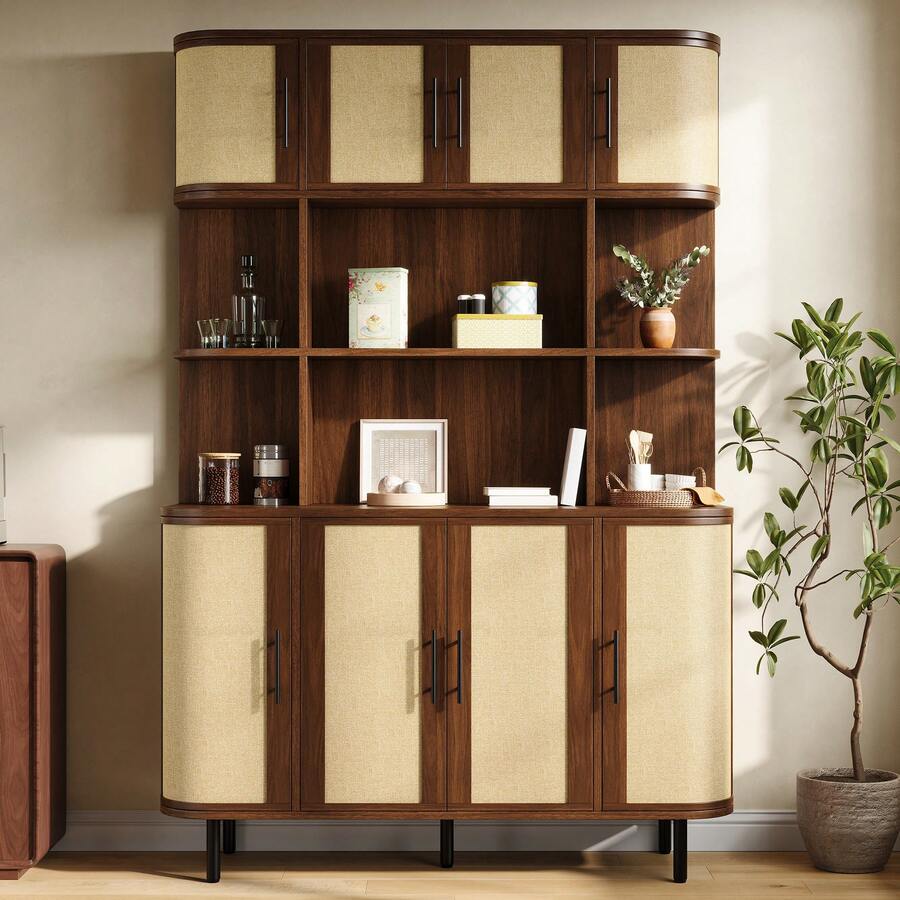 Tall Cabinet, Sideboard With Rattan Front, MDF Body, 8 Doors, Black Handles, Iron Legs, Modern Design Storage Unit - Walnut + Beige - View 1