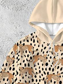 Plus Size Men's All-Over Leopard Animal Print Hoodie, Contrast Color Kangaroo Pocket, Drawstring Loose Streetwear Pullover - Multicolor - View 5