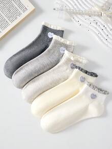 5 Pairs Women's Cute Breathable Heart Pattern Fashion Short Invisible Socks, Ankle Socks, Boat Socks, Breathable Soft Minimalist Socks, Fashion Socks, White Socks Black Socks Suitable For Daily Casual Wear, Suitable For Spring Summer All Seasons - View 6