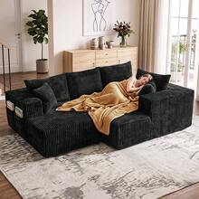 Sofá modular de lujo con forma de U, de 147 pulgadas, convertible en cama, con tapizado de pana, para sala de estar, cine en casa, villa, apartamento y estudio. No requiere montaje. - Negro - Ver 5