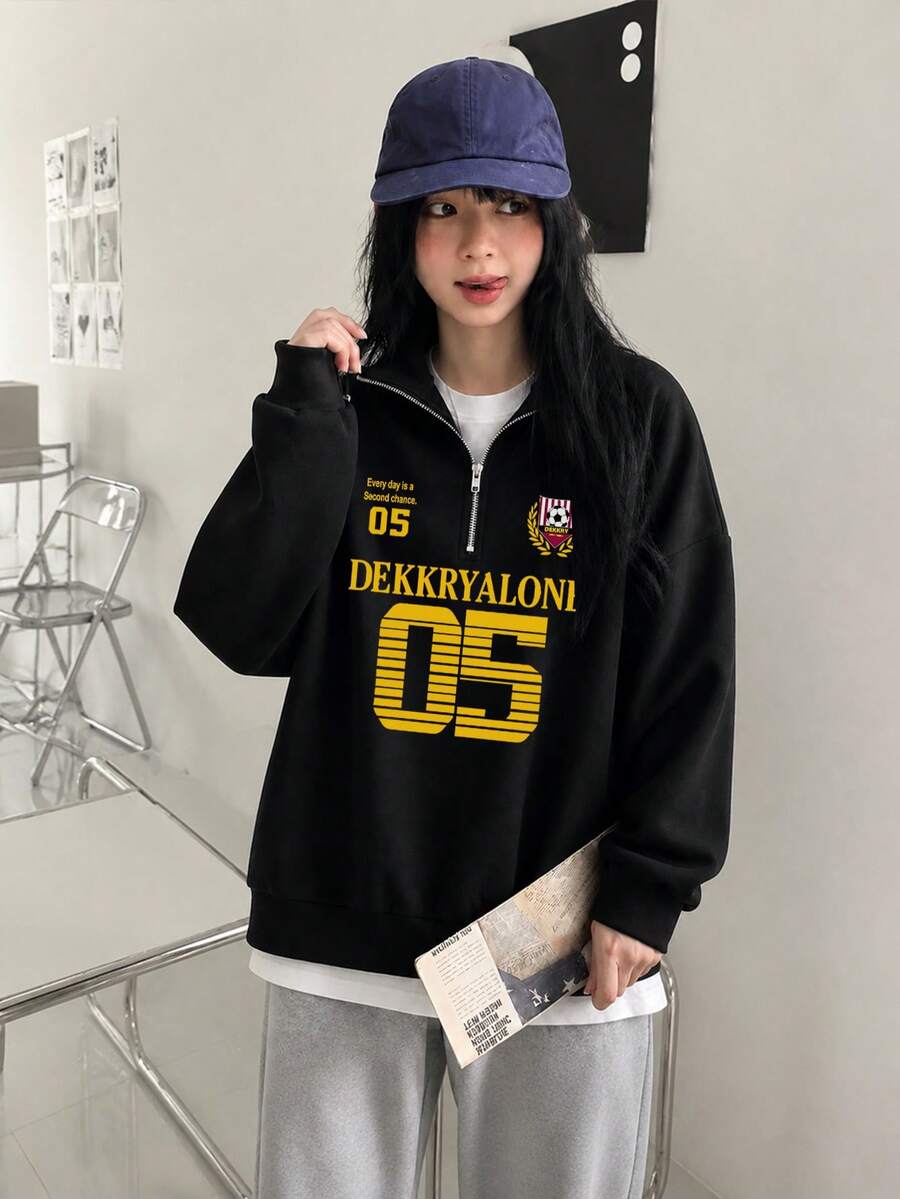 Women's Autumn/Winter Round Neck Loose Slouchy Casual Versatile Letter Print Zip-Up Sweatshirt Black - Black - View 1