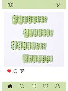 30片Y2K短橢圓貓眼穿戴甲，草綠色波點圖案壓克力假指甲套組，含1片果凍膠與1片指甲锉 - 彩色 - 查看 4