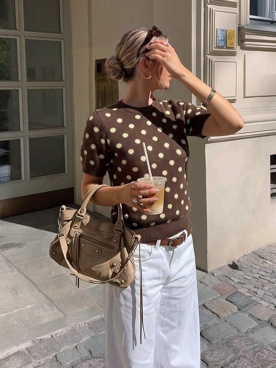 Women's Vintage-Style Brown Polka-Dot Short-Sleeve Knit Pullover; Regular Length, Slightly Stretchy Fabric-Suitable For Autumn Outfits. - Brown - View 1
