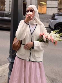 2026 Autumn/Winter New Vintage Street Fashion Elegant Daily French Commute Business Casual Contrast Trim White Cardigan, Winter Sweater Cardigan, Halloween Costume, Pocket Sweater Cardigan, Outing Outfit, Concert Outfit - White - View 5