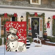 1pc Christmas Garden Flag, Red Background Snowman With Plaid Scarf Let It Snow Snowflake Print Yard Flag, Winter Outdoor Home Decor - Red Plaid Scarf With Snowman - View 4