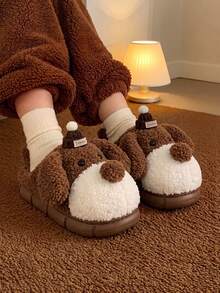 Women's Winter Indoor Plush Slippers, Slip-On, Cartoon 3D Hat Puppy Doll Decor, Fuzzy Bedroom Fun Slippers - Light Brown - View 3