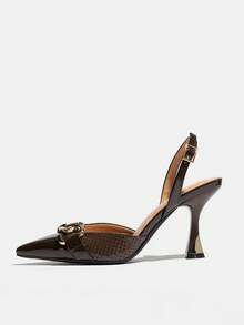 Women's Gold Chain Decor Pointed Toe Slingback Metal Chunky High Heel Elegant Coffee Color Glossy Sequin Material Open Back Pumps Suitable For Party Date Evening Dinner Spring Summer Autumn Winter - Coffee Brown - View 5