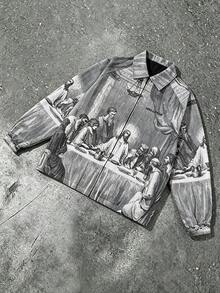 Men's Vintage Engraved Pattern All-Over Print Jacket, Lapel Collar Full Zip Elastic Cuffs Loose Fit Streetwear Outerwear, Suitable For Spring And Autumn - Grey - View 1