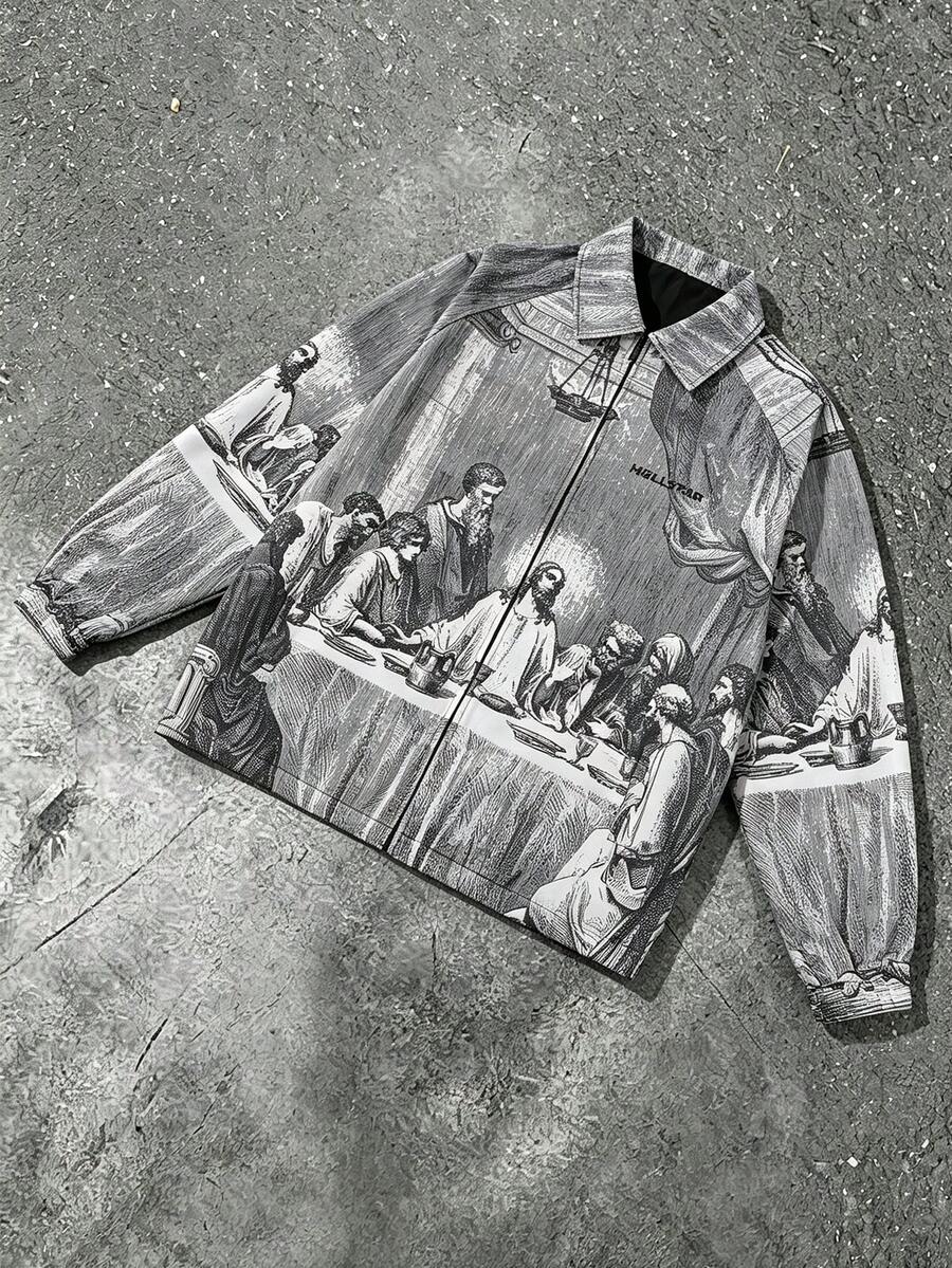 Men's Vintage Engraved Pattern All-Over Print Jacket, Lapel Collar Full Zip Elastic Cuffs Loose Fit Streetwear Outerwear, Suitable For Spring And Autumn - Grey - View 1