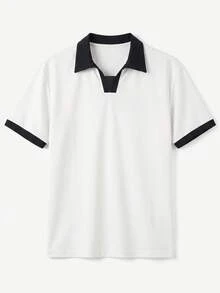 Men's Contrast Trim Polo Shirt, Minimalist Commuter Short Sleeve Sweater - White - View 5