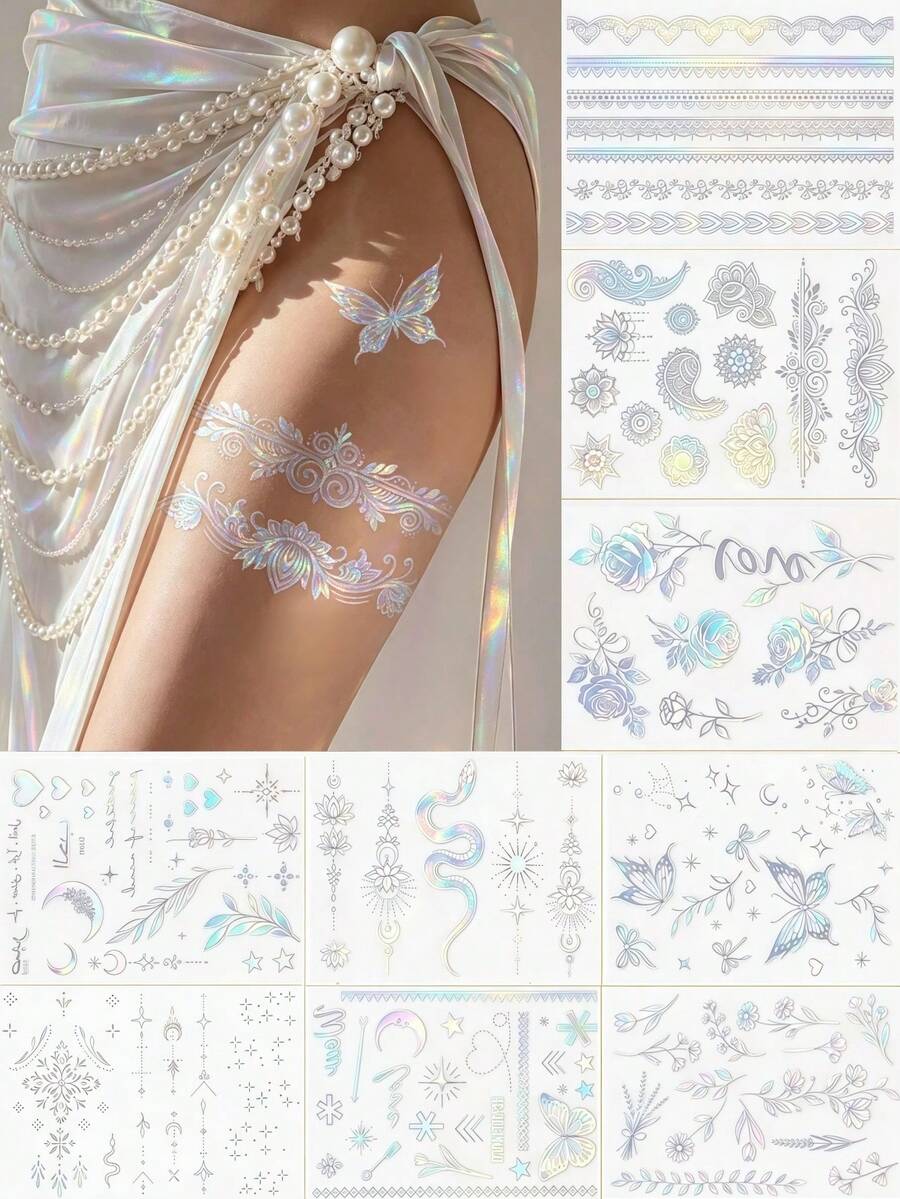 9 Sheets Holographic Stickers Flash Tattoos Glitter Butterfly Stickers Flower Tattoos For Arm Body Hair For Festival Carnival Bachelorette Back To School Party Travel Essentials - Multicolor - View 1