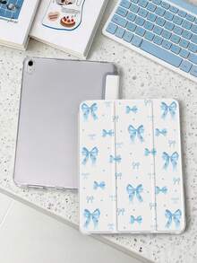 1件裝藍色蝴蝶結波點平板保護殼，相容 iPad Mini 4/5/6/7/Air/Air 2/9.7/10.2/10.5/10.9 (Air 4-Air 8)/Pro 11/10th Gen/A16/Pro 11 2024、Galaxy A8，彩繪圖案軟殼，三折支架，自動休眠/喚醒，內建筆槽，不含筆 - 彩色 - 查看 3