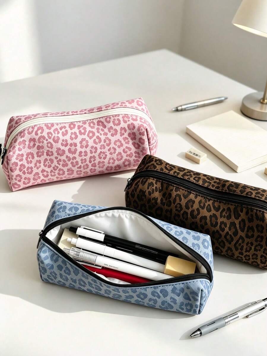 Leopard Print Pencil Case/Stationery Storage Bag, Travel Organizer Bag - Multi-Functional Large Capacity Design, Can Store Office Supplies, Also Used As Creative Multi-Purpose Pencil Case Or Portable Travel Makeup Bag, Suitable For Students And Adults Daily Use. - Multicolor - View 1