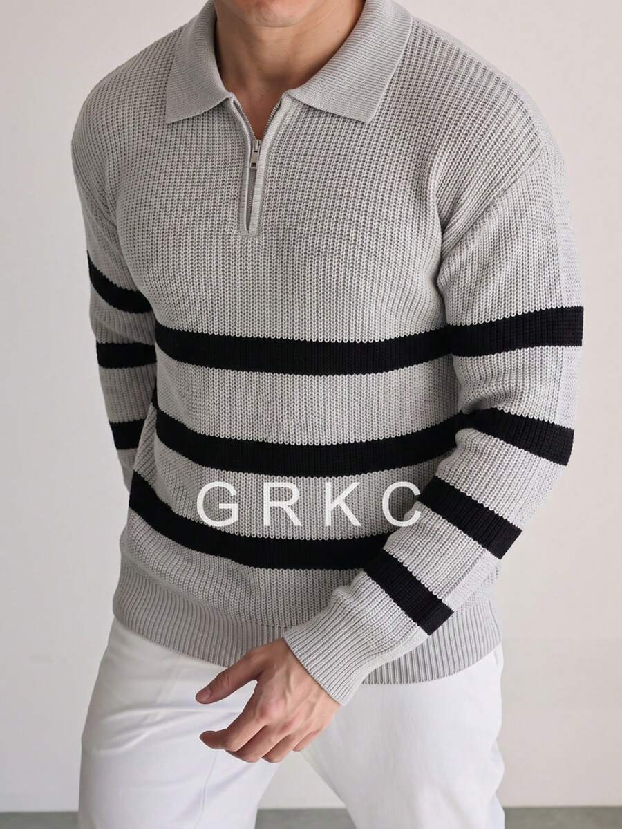 GRKC Men's New Spring Autumn Winter Street Style American Personalized Striped Long Sleeve V-Neck Sweater, Casual Versatile Loose Fit Pullover Knit Top - Grey - View 1