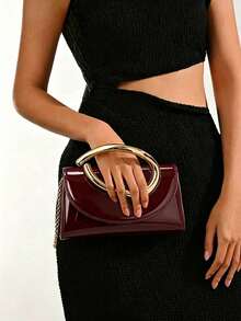 Fashionable Metal Decor Mini Clutch, Elegant Glossy Metal Strip Accents, Luxurious Texture, Suitable For Evening Gowns, Weddings, Parties, Includes Metal Chain - Burgundy - View 8