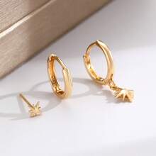 3pcs Gold Starburst Earring Set, Asymmetric Mixed Earrings, Includes Star Studs, Pendant Dangle Earrings, Women's Daily Jewelry - Gold - View 4