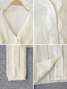 Elegant White Lace Knit Cardigan, Pure Sweet V-Neck Long Sleeve Women's Sweater, Daily Wear - Apricot - View 9