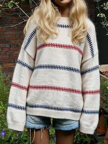 Sweater Rajut Desain Retro Musim Gugur/Musim Dingin, Pullover Leher Bulat, Blus Kasual Bahu Jatuh Bergaris, Atasan Rajut Lengan Panjang - Light Grey - View 11