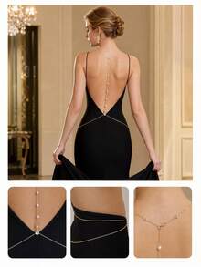 1pc Bridal Fashion Elegant Back Chain, European & American Style Personalized Body Chain, Light Luxury Long Faux Pearl Tassel Back Chain, Minimalist Wedding Accessory - Gold - View 3