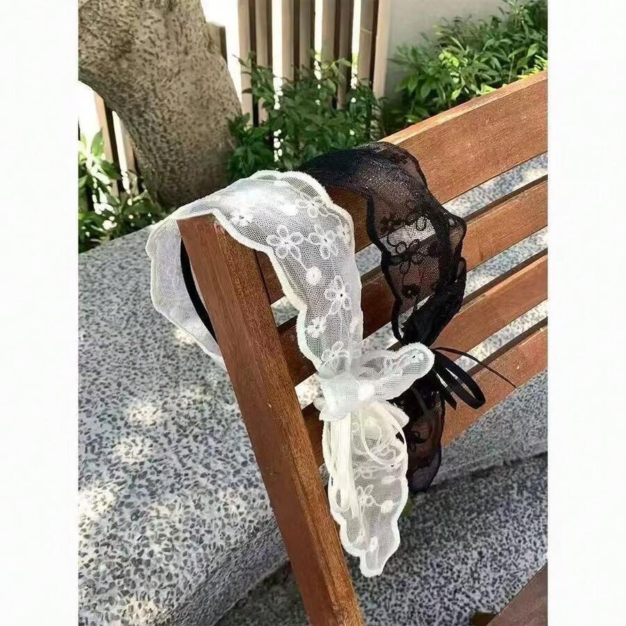 1pc Lace Bow Headband, French Mesh Bow Lace Wide Band Headband Women Pastoral Style Ribbon Headpiece Premium Hair Accessory - Multicolor - View 1