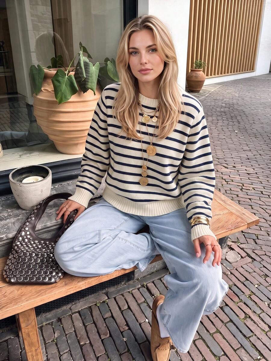Nicenter Women's Round Neck Striped Loose Knit Sweater, New Autumn/Winter Knit Top, Fall Outfit For Women, Casual Versatile Daily Commute Wear, Halloween - Black and White - View 1