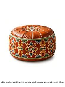 1pc Vintage Floral Storage Ottoman Footstool, Round Leather Decorative Footstool, Soft Padded Top, Decorative Extra Seating For Living Room, Bedroom, Dressing Room, Entryway And Small Spaces - View 10