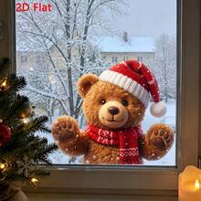 2D Flat - 2D Flat Cute Fluffy Teddy Bear Waving Window Sticker, Christmas Static Window Decal, Double-Sided Visible, No Residue Sticker, Suitable For Bedroom, Living Room, Cafe, Holiday Window Decoration - one-size - View 5