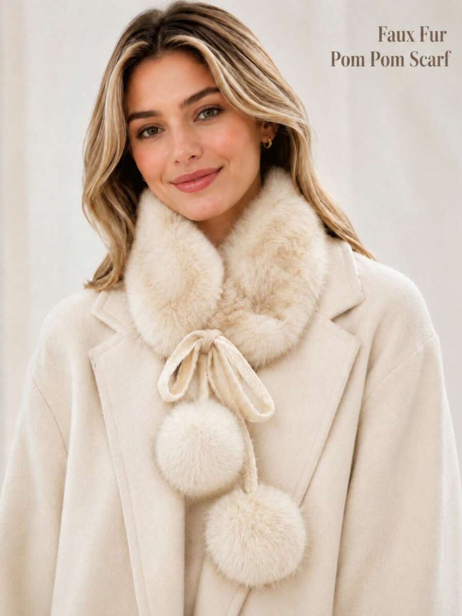 Women's Soft Faux Fur Collar Scarf, Pearl Decor, Plush Warm Winter Neck Accessory, Elegant Fashion Accessory For Autumn/Winter - Multicolor - View 1