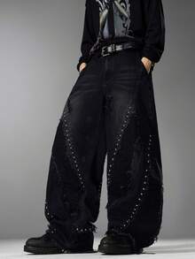 Street Style Black Spliced Men Jeans, Beaded Decor Wide Leg Pants, Comfortable Versatile All Season Trousers (No Belt & Accessories) - Black - View 4