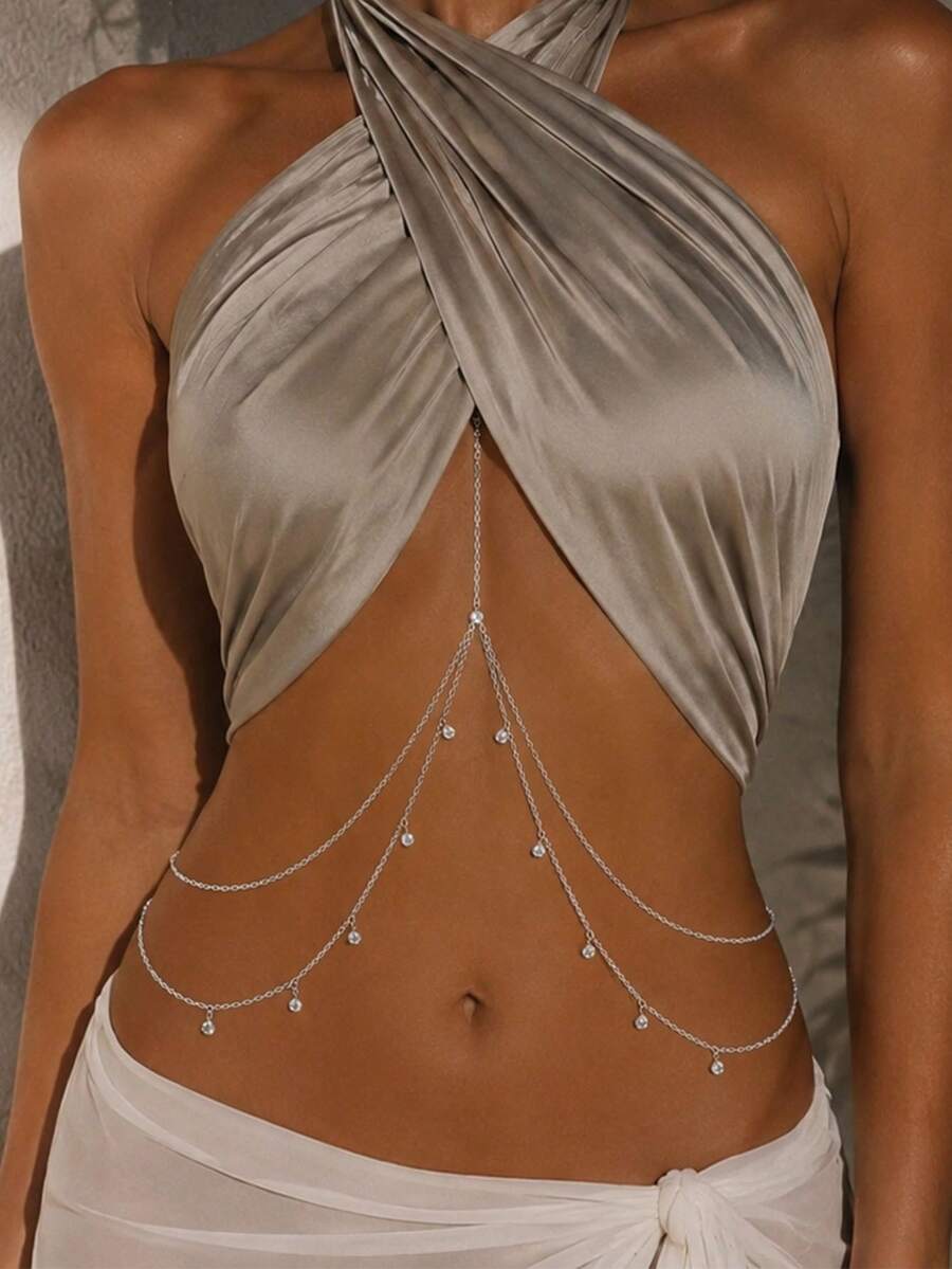 1pc New Double Layer Chest Chain Fashion Design Rhinestone Pendant Sexy Body Chain Hot Girl Accessory - Bikini Bra - View 1