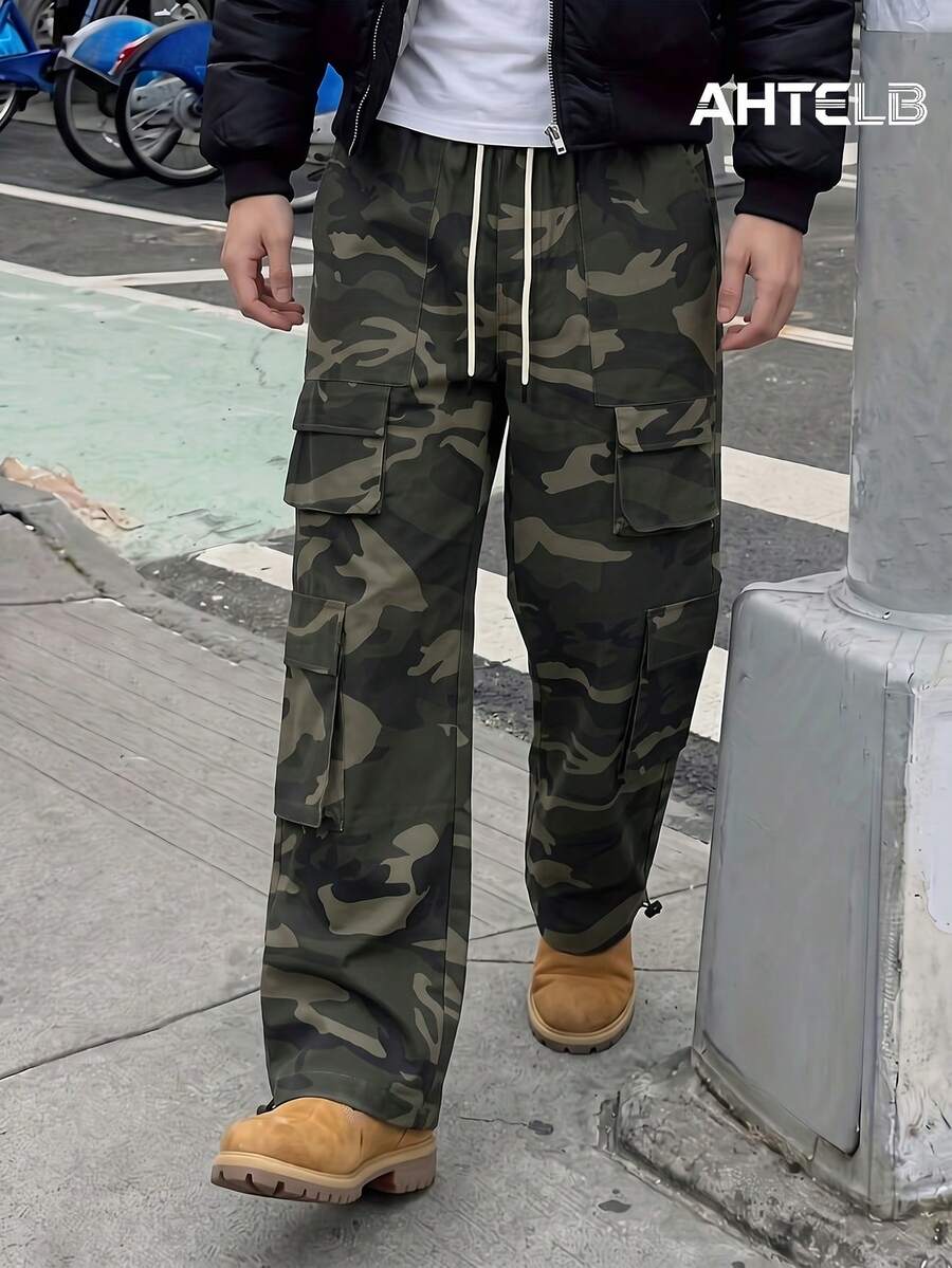 AHTELB Men's Spring/Autumn Camouflage Print Multi-Pocket Cargo Pants, Elastic Waist Drawstring Design, Adjustable Cuffed Hem Casual Pants Sports - Army Green - View 1