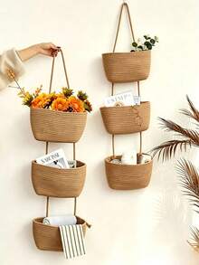 Wall-Mounted Woven Rope Storage Basket, 3-Tier Over-The-Door Hanging Basket, Bathroom Wall-Mounted Jute Storage Organizer, Decorative Nursery Storage Basket, Suitable For Small Gift Basket, Laundry Basket, Home Storage Organizer - Multicolor - View 11