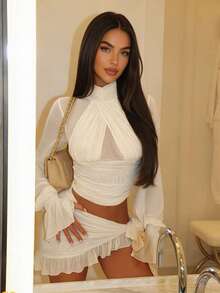 Women's Spring Summer White Sheer Mesh Long Sleeve Crisscross Halter Ruched Crop Top Tie Side Ruffle Skirt 2 Pieces Set, Sexy Slim Holiday Date Wear - White - View 3