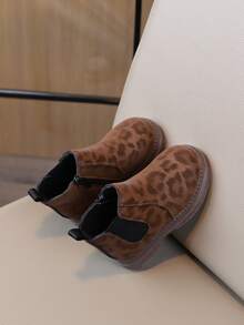 Kids Leopard Print Ankle Boots, Side Zipper & Elastic Panel Design, Round Toe Thick Sole Casual Short Boots For Toddler Girls, Daily Outdoor Wear - Mocha Brown - View 3