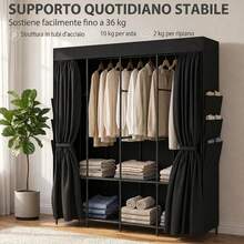 Space-Saving Fabric Wardrobe With 3 Hanging Rods, 3 Shelves, 6 Side Pockets, Dustproof Zippered Doors, Black. - Black - View 4