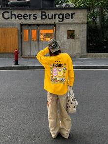 Street Style American Pure Cotton Crew Neck Long Sleeve T-Shirt For Women, Niche Design Print, Autumn Lazy Loose Fit Base Layer - Yellow - View 3
