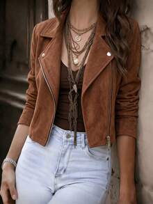 Women's Western Style Faux Suede Motorcycle Jacket, Brown Long Sleeve Zipper Collar Woven Coat, Business Casual Style, Suitable For Spring, Summer, Autumn, Winter - Caramel Brown - View 4