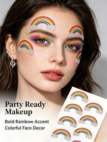 8pcs Dopamine Rainbow Curved Face Rhinestone Stickers, Gradient Multicolor Rhinestone Face Decoration, Creative Eye Makeup Glitter Decor, Suitable For Electronic Music Festival Party, Halloween Costume - Multicolor - View 1