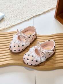 1 Pair Polka Dot Lace Decor Comfortable Flat Shoes, Versatile Lightweight Daily Princess Loafers - Pink - View 1