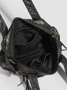 1pc Black Vintage Distressed Leather Multi-Zipper Pocket Handbag & Crossbody Bag, With Brass Hardware, Women's Casual Daily Commute Style - Multi-color - View 8