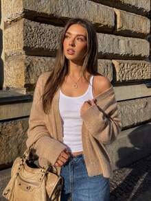 Camel Minimalist Lightweight Soft Plush Knit Cardigan, Long Sleeve Drop Shoulder Casual Sweater, Suitable For Autumn - Camel - View 3