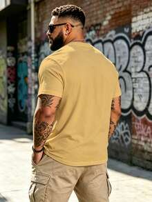 Plus Size Men's Mustard Yellow Cat Graphic English Print Short Sleeve T-Shirt, Streetwear Loose Casual Plus Size Top - Ginger - View 2