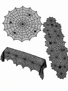 Halloween Fireplace Decor, Fireplace Shawl, Scarf And Tablecloth; Black Lace Spider Web For Decorating Tables, Doors, Windows And Fireplaces; Halloween Decorations - Tablecloth + Table Runner + Fireplace Mat - View 8