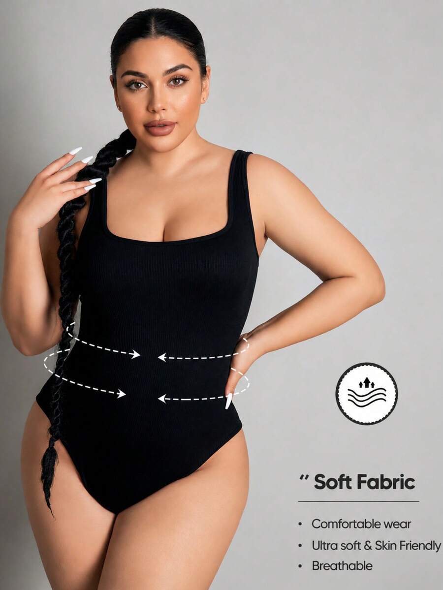 Seamless Solid Color Ribbed Knit Bodysuit Casual Black Summer Elegant - Black - View 1